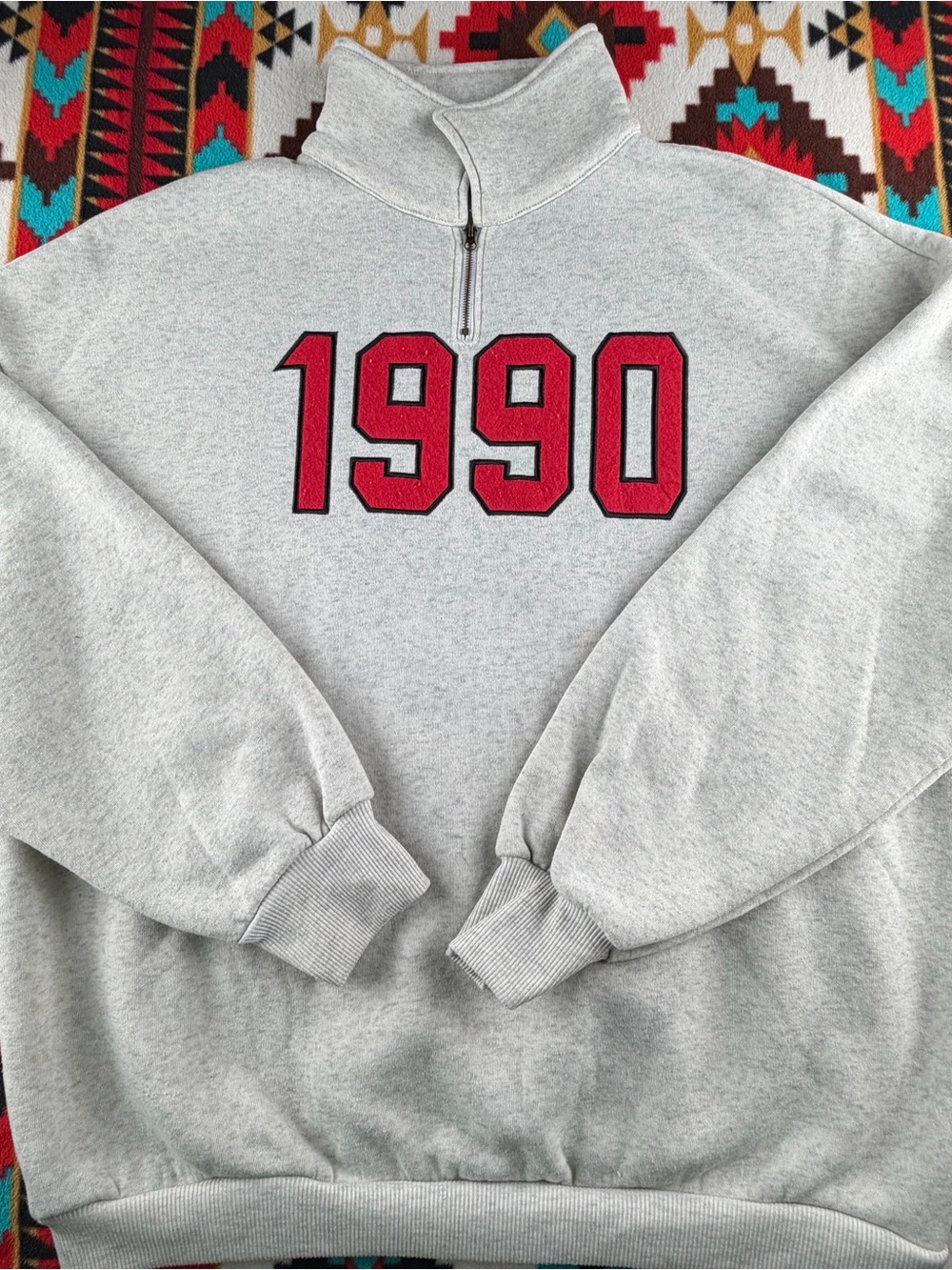 1990 Quarter Zip Pullover Sweatshirt Gray Red Embroidered Fleece Mock Neck L